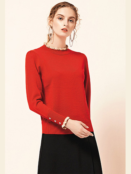 雅意娜菲女装品牌2020秋冬大红色圆领针织衫
