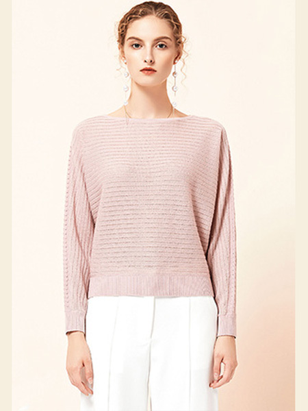 雅意娜菲女装品牌2020秋冬横纹粉色长袖针织衫
