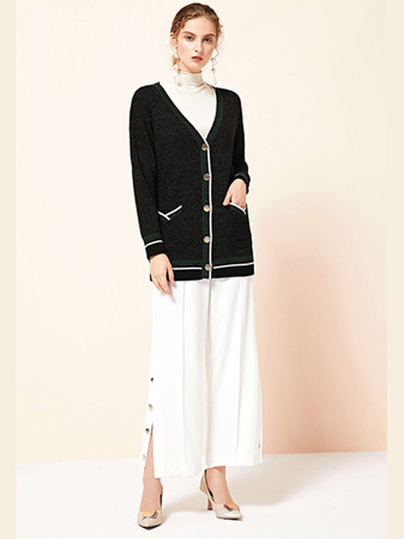 雅意娜菲女装品牌2020秋冬黑色V领针织衫外套