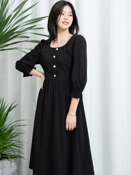 MIYU女装品牌2020秋季黑色收腰连衣裙