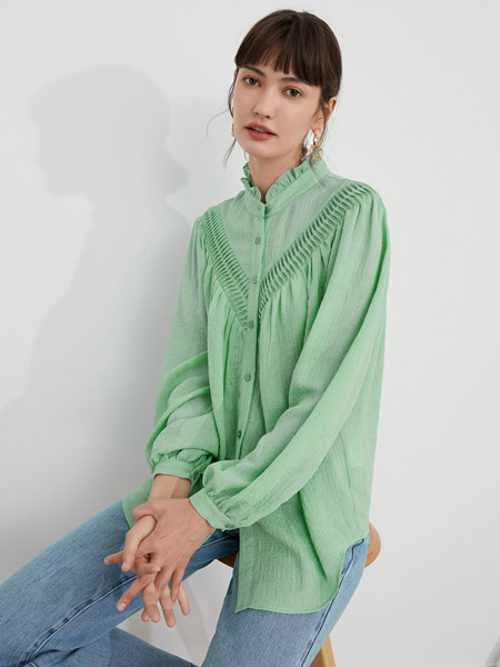 伊布都ibudu女装品牌2020秋季绿色长袖衬衫