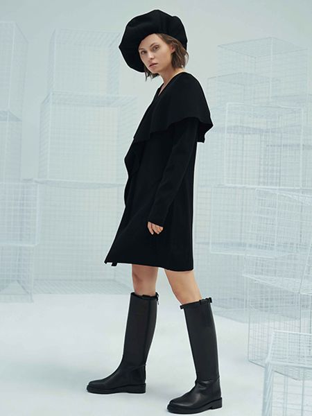 容子木女装品牌2020秋季荷叶边黑色连衣裙