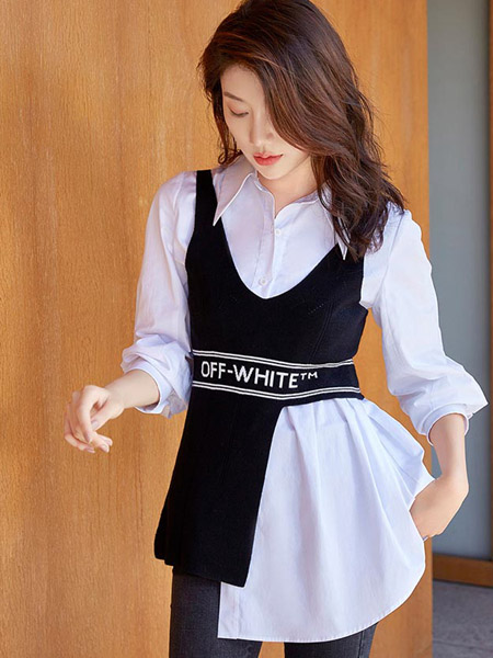 华丹尼女装品牌2020秋季白色衬衫拼接黑色背心