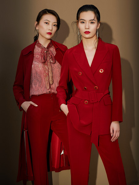 千桐女装品牌2020秋季V领大红色收腰套装西装