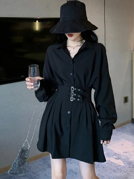 迷境女装品牌2020秋季V领黑色收腰连衣裙