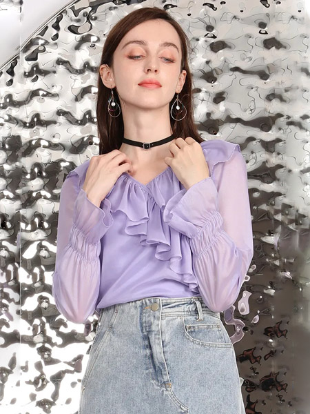 SASLAX莎斯莱思女装品牌2020秋季V领紫色上衣