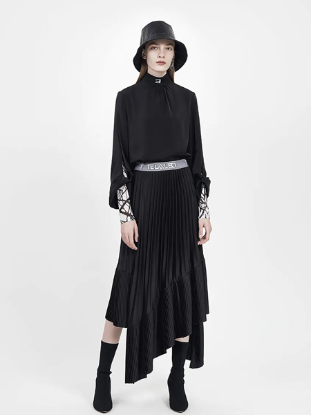 欧E[OEEO]女装品牌2020秋季黑色收腰连衣裙