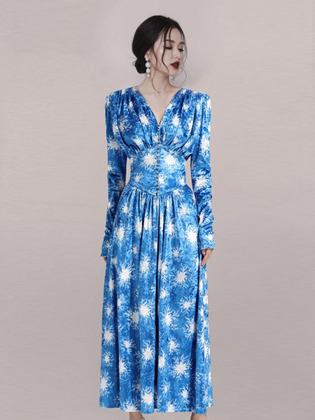 HEGO女装品牌2020秋季蓝色收腰中长款连衣裙