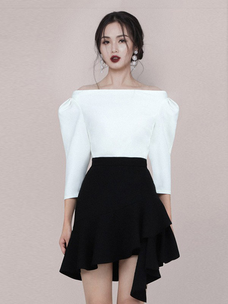 HEGO女装品牌2020秋季一字领白色上衣黑色短裙
