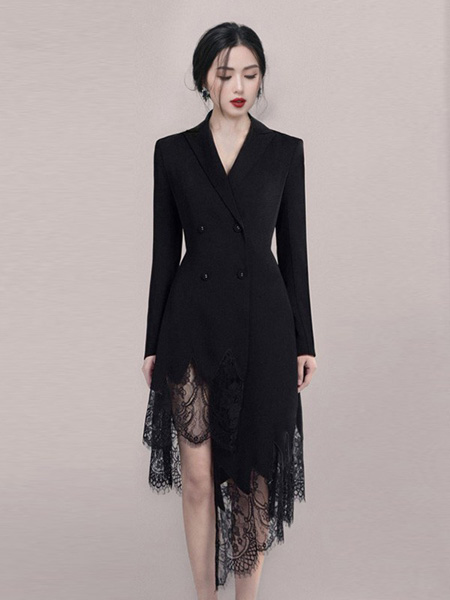 HEGO女装品牌2020秋季V领黑色西装套裙不规则裙边