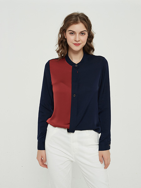 绕音女装品牌2020春夏藏蓝色红色长袖衬衫