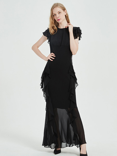 绕音女装品牌2020春夏修身黑色连衣裙长款