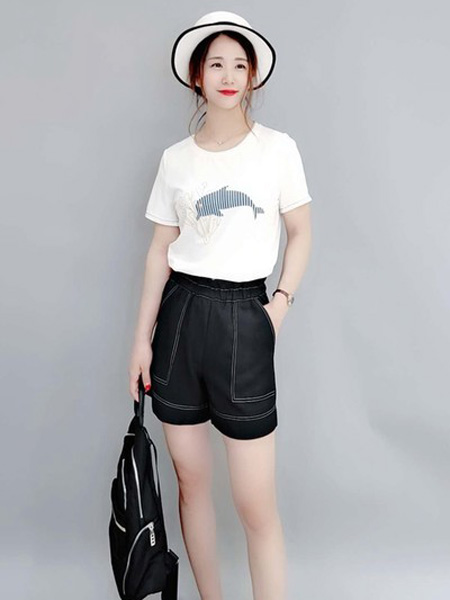 石库门女装品牌2020春夏圆领白色T恤海豚
