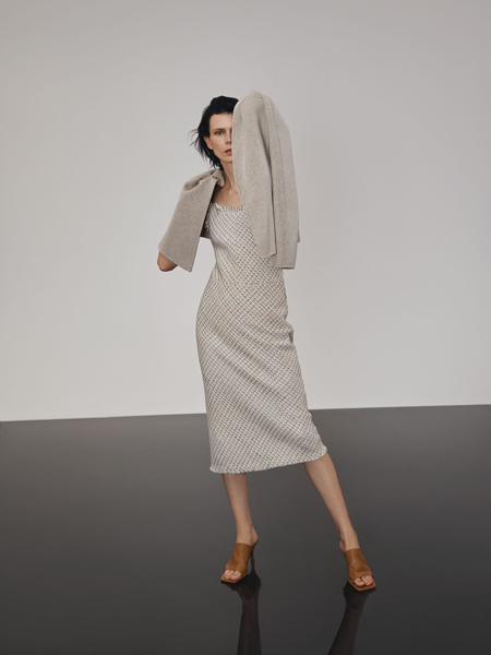 锡瑅M.HITI女装品牌2020秋冬灰色外套针织格纹修身连衣裙