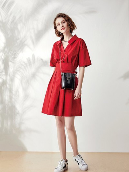 哥邦女装品牌2020春夏收腰红色连衣裙