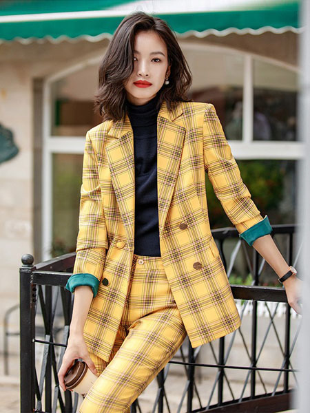 蒂可伊女装品牌2020秋季黄色大格纹西装套装