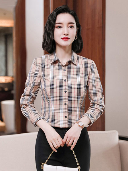 蒂可伊女装品牌2020秋季大格纹米色衬衫长袖