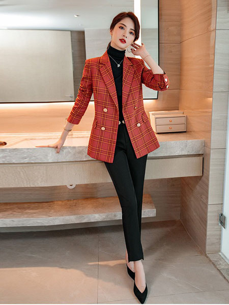 蒂可伊女装品牌2020秋季大格纹红色外套