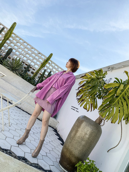 读色女装品牌2020秋季紫粉色长袖衬衫