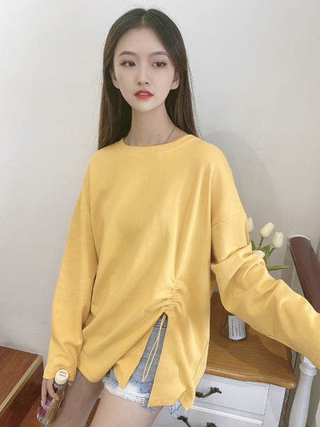 秐端女装品牌2020秋季黄色长袖T恤