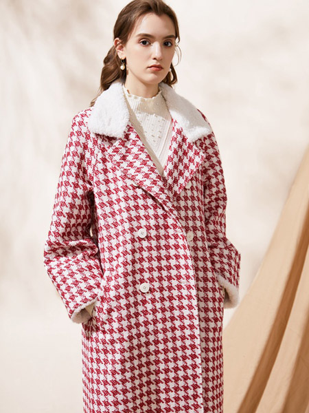 CHICHY女装品牌2020秋冬红白色格纹中长款外套
