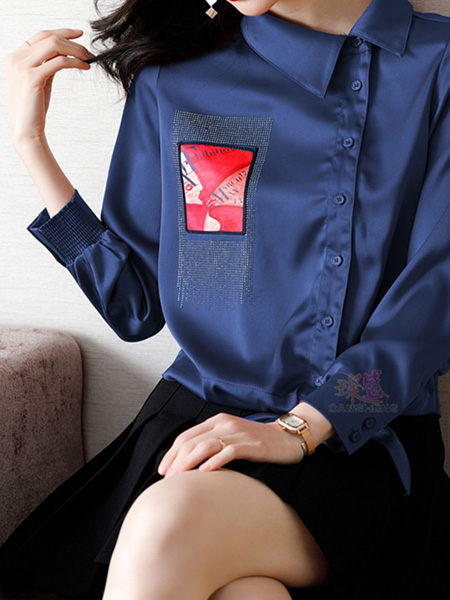 花月秋女装品牌2020秋季深蓝色翻领衬衫