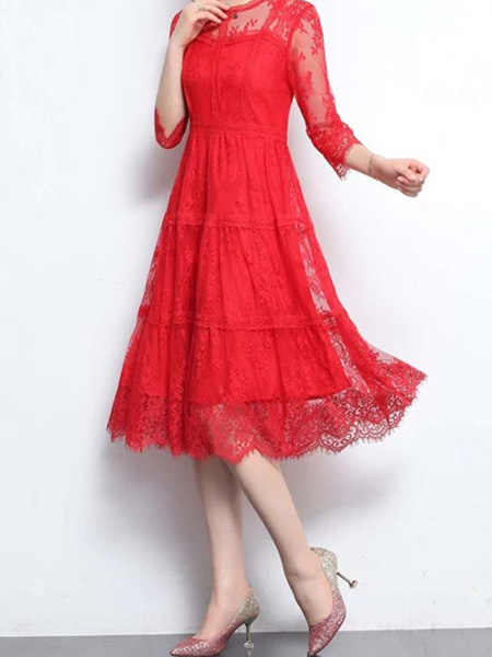 花月秋女装品牌2020秋季大红色蕾丝连衣裙