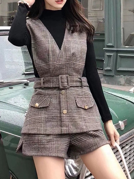 花月秋女装品牌2020秋季皮带收腰大格纹褐色西装套装