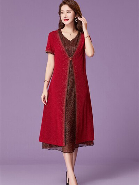 优莱斯雅女装品牌2020春夏大红色扣子外套连衣裙修身