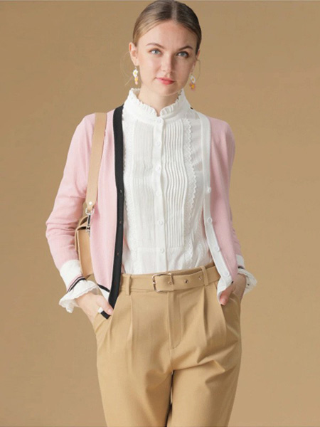 绮籽女装品牌2020秋季长袖衬衫粉色针织外套