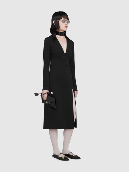 Gucci古驰女装品牌2020秋季可拆卸衣领人造丝V领连衣裙