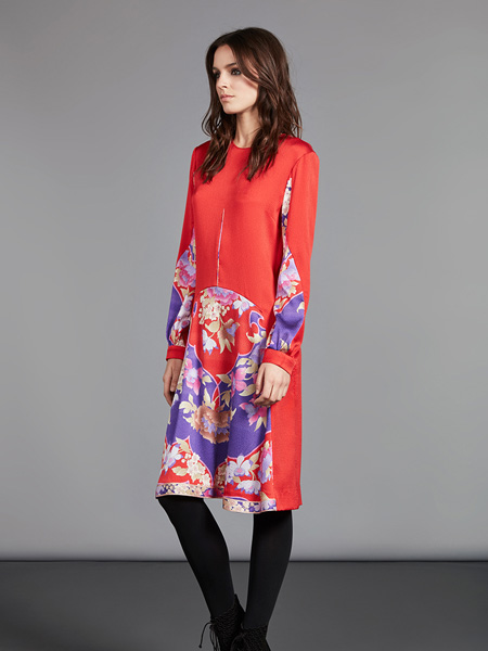 Leonard Paris女装品牌2020秋季大红色修身连衣裙