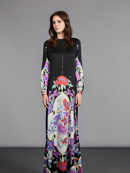 Leonard Paris女装品牌2020秋季长款黑色紫色印花连衣裙