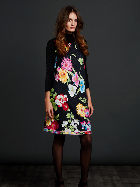 Leonard Paris女装品牌2020秋季黑色花朵印花修身连衣裙