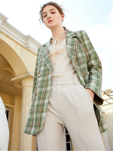 金蝶茜妮女装品牌2020秋季绿色格子外套