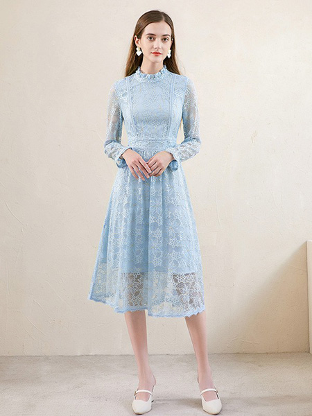 珂瑞思女装品牌2020秋季淡蓝色半透明连衣裙