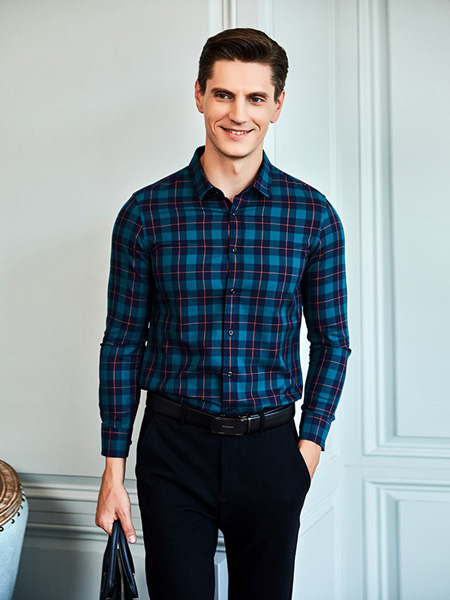 爱迪丹顿男装品牌2020秋季蓝色格子衬衫