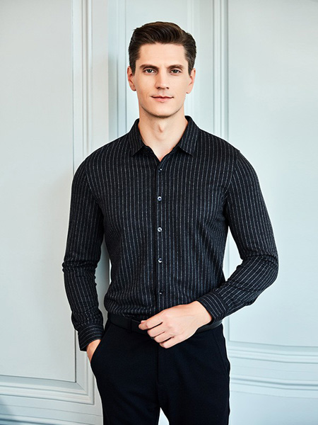 爱迪丹顿男装品牌2020秋季黑色条纹衬衫