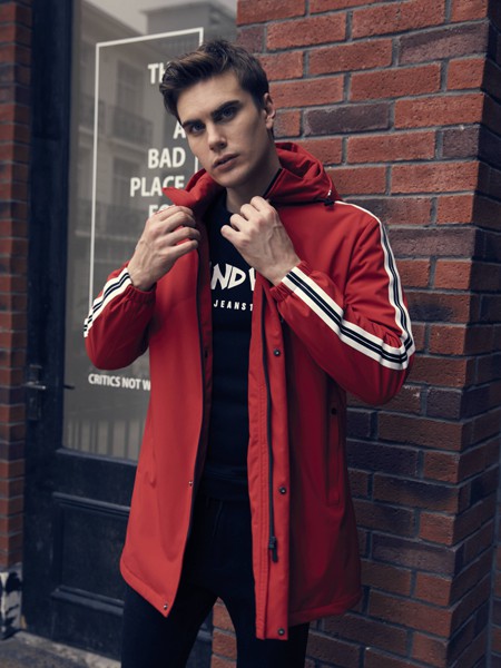 爱迪丹顿男装品牌2020秋季红色条纹带帽外套