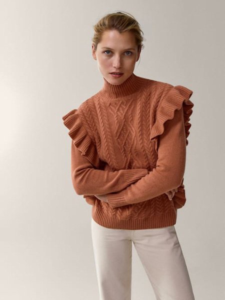 Massimo Dutti女装品牌2020秋季橙色蕾丝边毛衣