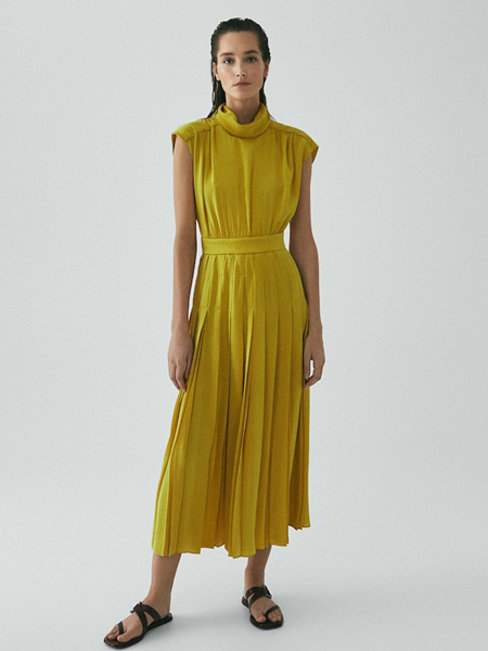 Massimo Dutti女装品牌2020秋季黄色无袖连衣裙