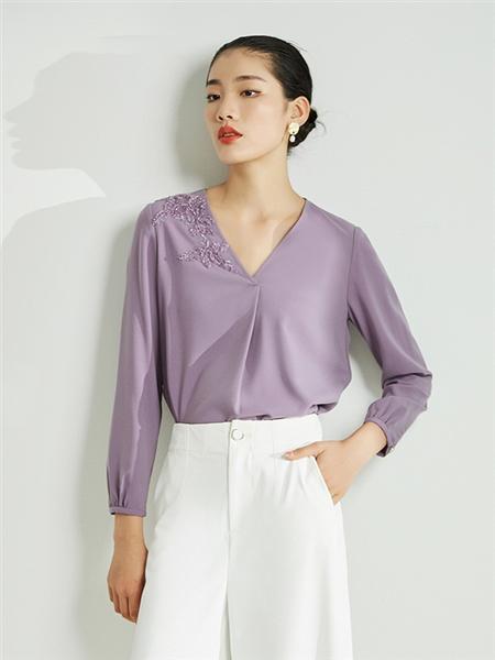 粉蓝时尚女装品牌2020秋季紫色深v上衣