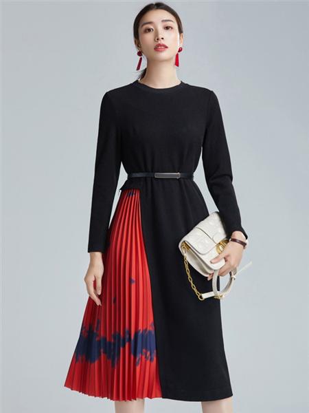 欧炫尔女装品牌2020秋冬红黑时尚长款连衣裙