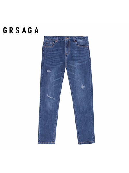 GRSAGA男装品牌2020秋季蓝色破洞牛仔裤