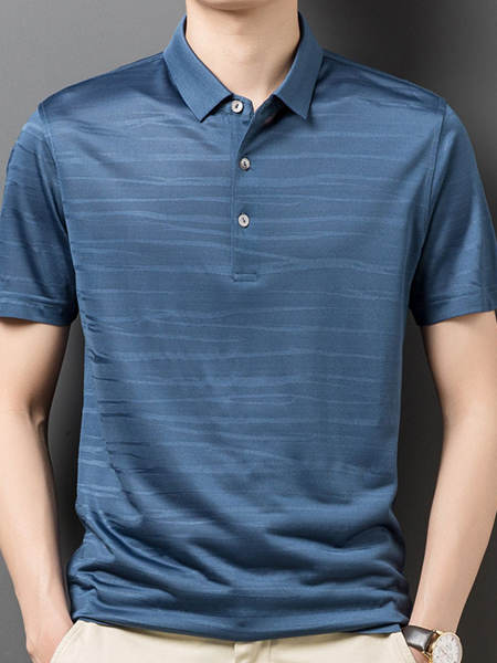 男装品牌2020春夏蓝色立领T恤