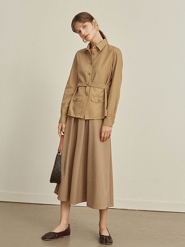 诺有服装女装品牌2020秋冬褐色立领束腰外套