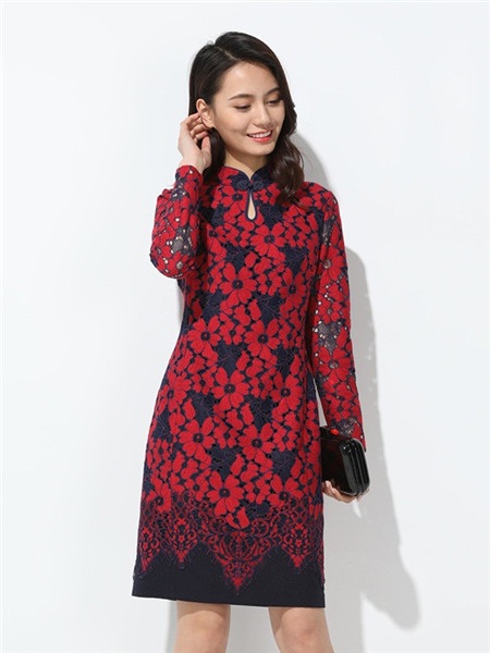 玳莎女装品牌2020秋季红色印花长袖连衣裙