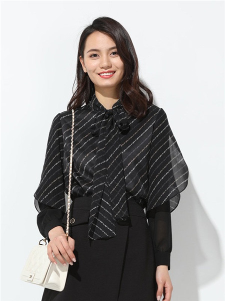 玳莎女装品牌2020秋季黑色条纹礼结衬衫