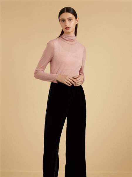 玳莎女装品牌2020秋季高领粉色修身针织衫