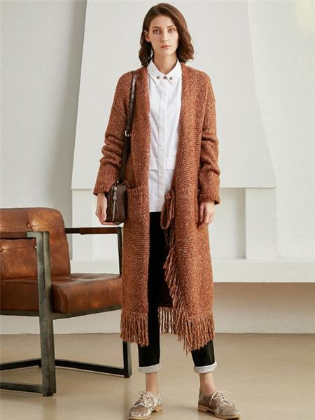 丽莫女装品牌2020秋季褐色毛呢长款外套
